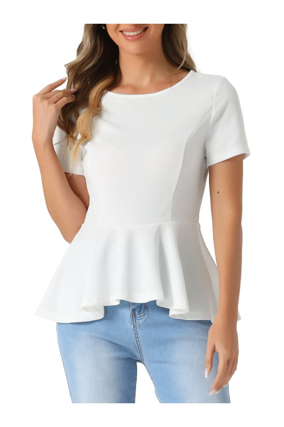 Women's Peplum Top Short Sleeve Round Neck Stretch Classic Blouse XL White