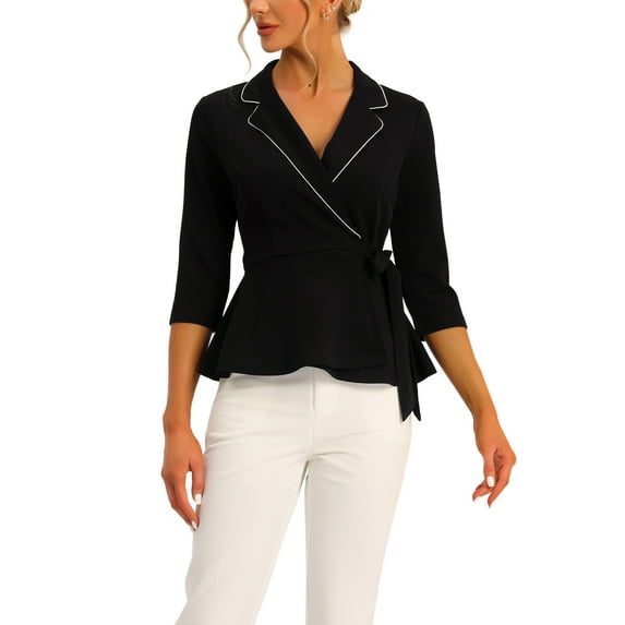 INSPIRE CHIC Peplum Tops for Women's Tie Waist Notch Lapel Collar Blouse