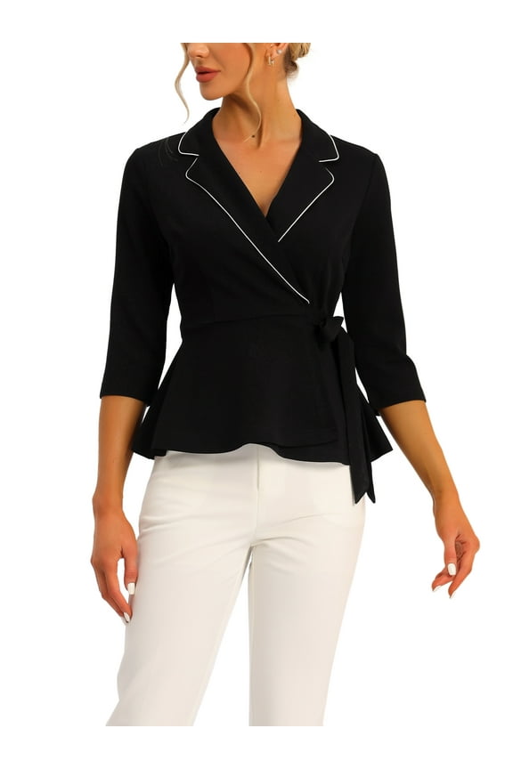 Peplum Tops for Women's Tie Waist Notch Lapel Collar Blouse XS Black