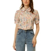 Allegra K Peter Pan Collar Blouse for Women Contrast Trim Puff Sleeve Peasant Floral Shirt White XS
