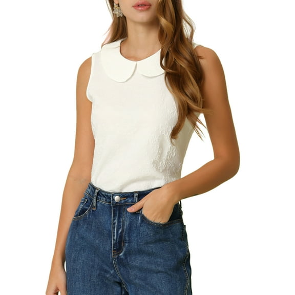 INSPIRE CHIC Women's Peter Pan Collar Blouse Casual Sleeveless Jacquard Floral Tank Top 3XL White