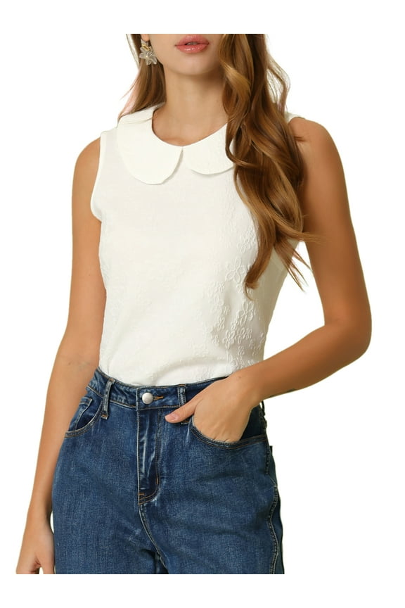 Women's Peter Pan Collar Blouse Casual Sleeveless Jacquard Floral Tank Top L White