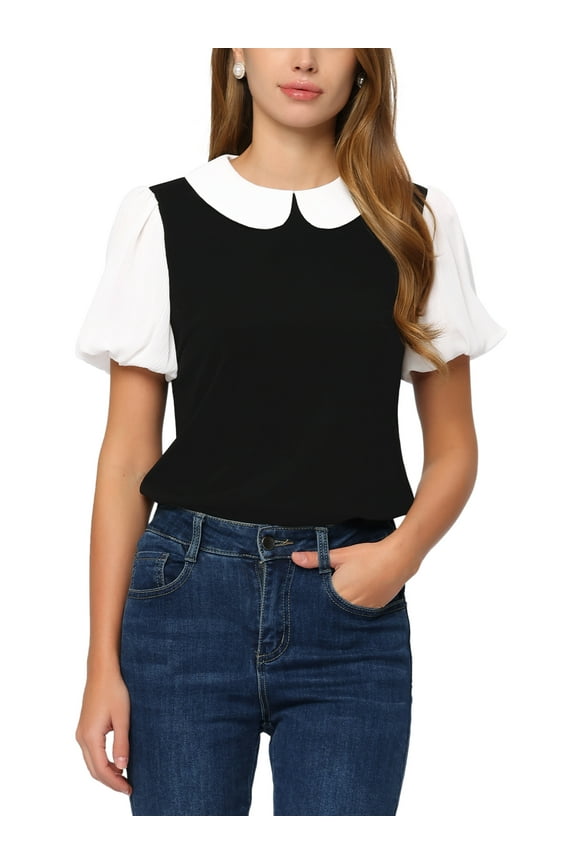 Peter Pan Collar Blouse for Women's Contrast Puff Sleeve Top XS Black