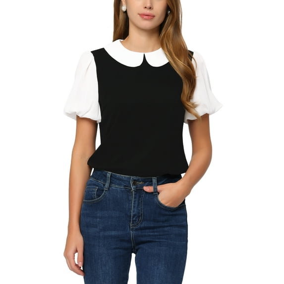 INSPIRE CHIC Peter Pan Collar Blouse for Women's Contrast Puff Sleeve Top XS Black