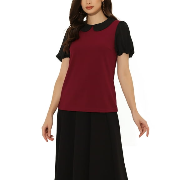 INSPIRE CHIC Peter Pan Collar Blouse for Women's Contrast Puff Sleeve Top XS Wine Red