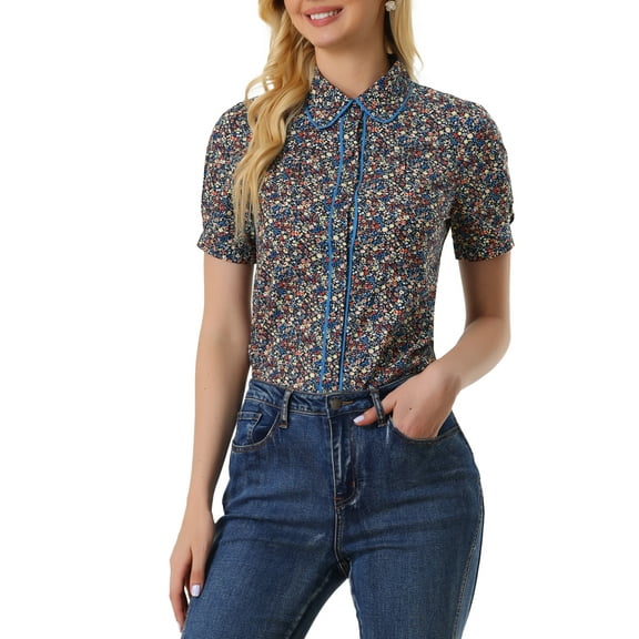 INSPIRE CHIC Women's Peter Pan Collar Blouse Floral Puff Short Sleeve Contrast Trim Cotton Button Down Top L Dark Blue
