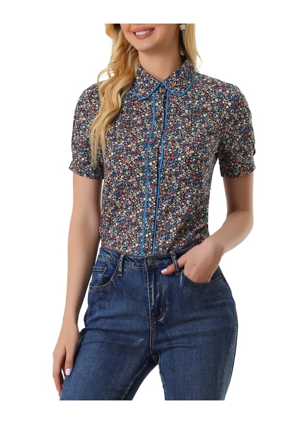 Women's Peter Pan Collar Blouse Floral Puff Short Sleeve Contrast Trim Cotton Button Down Top L Dark Blue