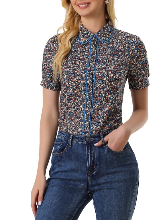 Women's Peter Pan Collar Blouse Floral Puff Short Sleeve Contrast Trim Button Down Top M Dark Blue