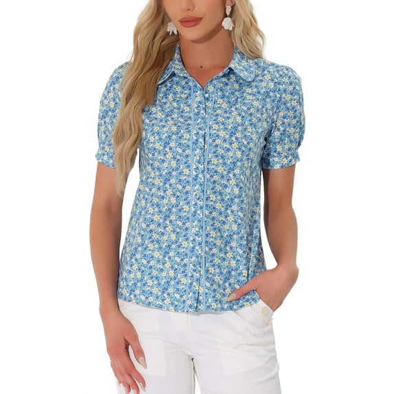 INSPIRE CHIC Women's Peter Pan Collar Blouse Floral Puff Short Sleeve Contrast Trim Cotton Button Down Top M Light Blue
