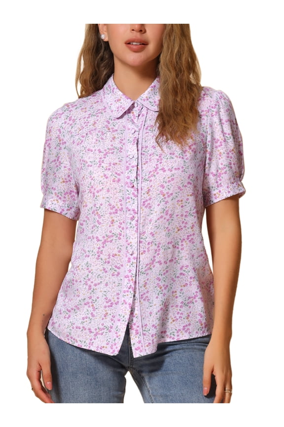 Women's Peter Pan Collar Blouse Floral Puff Short Sleeve Contrast Trim Button Down Top M Light Purple