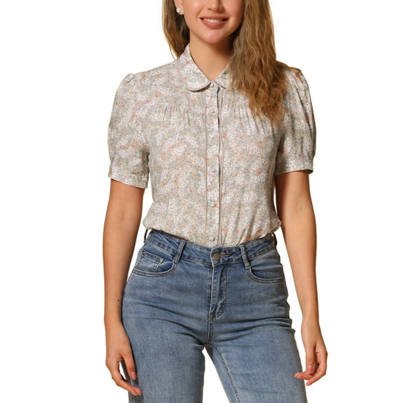 INSPIRE CHIC Women's Peter Pan Collar Blouse Floral Puff Short Sleeve Contrast Trim Button Down Top XS Orange