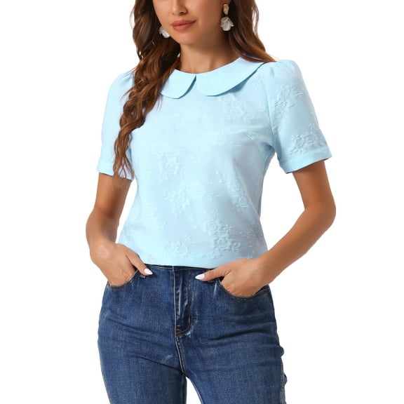 INSPIRE CHIC Peter Pan Collar Blouse for Womens Floral Jacquard Puff Short Sleeve Kawaii Top M Light Blue