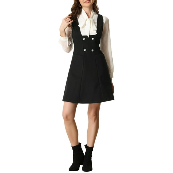 INSPIRE CHIC Pinafore Dress for Women's A-Line Double Breasted Overalls Suspenders XS Black
