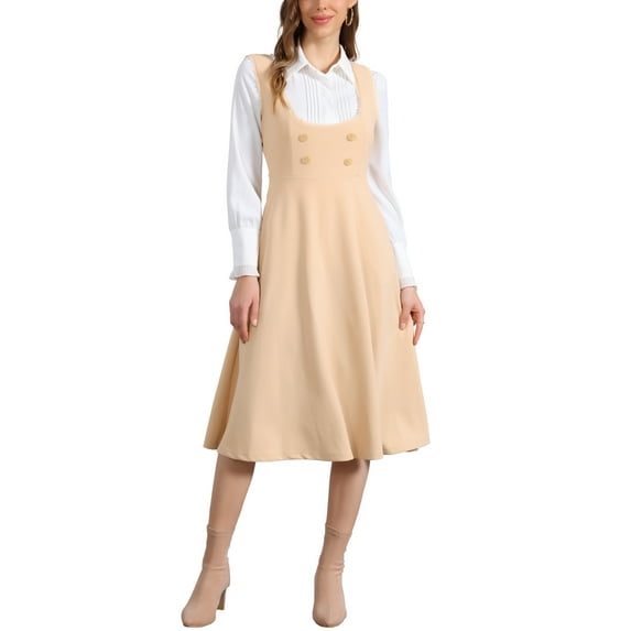 INSPIRE CHIC Vintage Pinafore Dress for Women's Lace Trim Button Overalls Midi Dress with Pockets L Beige
