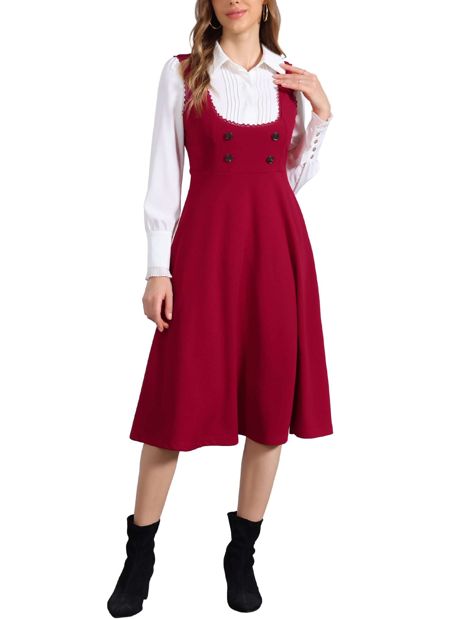 Allegra K Women's Vintage Pinafore Dress - Steampunk Overalls Midi Dress With Pockets