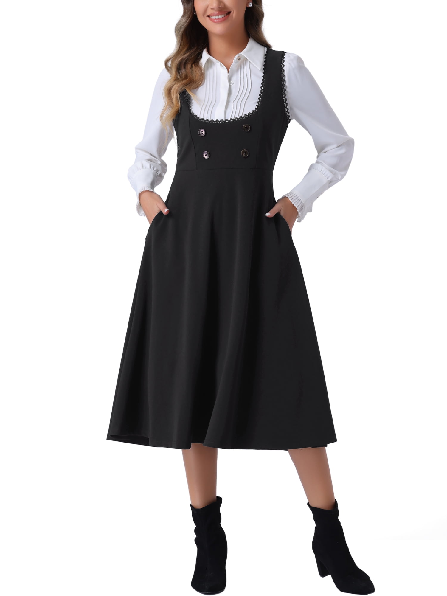 knee length dresses for ladies Goldie Merino Wool Pinafore Dress - Black  Goldie Ponte Pinafore