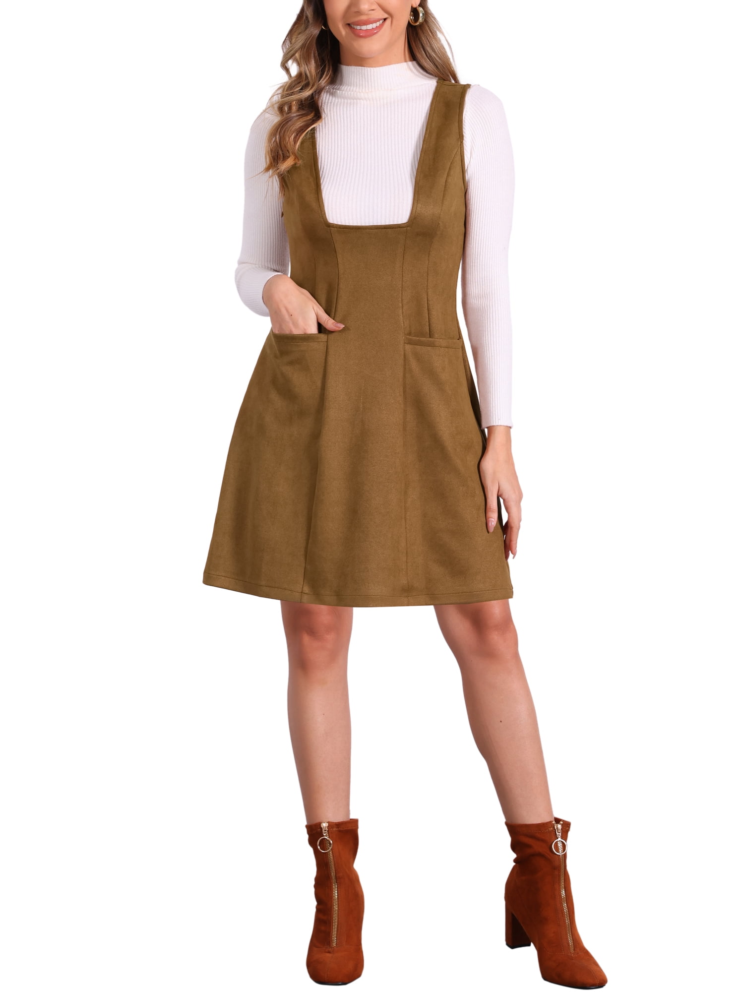 brown suede pinafore dress Corduroy Pockets A-Line Sleeveless Casual Midi Pinafore Dress, Brown / XL main image 1