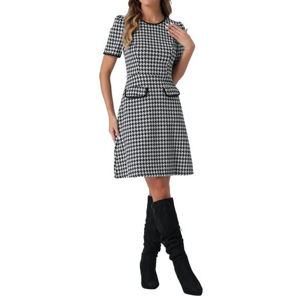 INSPIRE CHIC Plaid A-Line Dress for Women's Crewneck Contrast Trim Elegant Houndstooth Dress