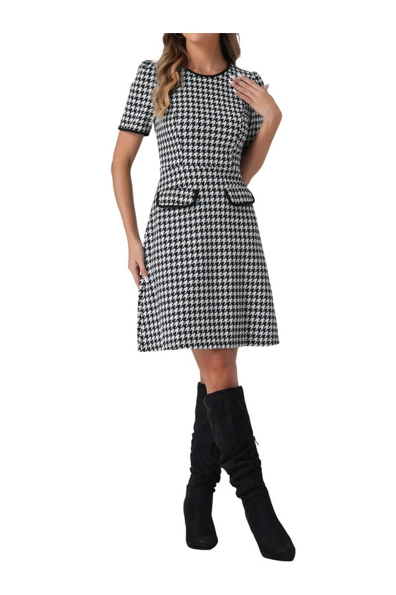 Plaid A-Line Dress for Women's Crewneck Contrast Trim Elegant Houndstooth Dress