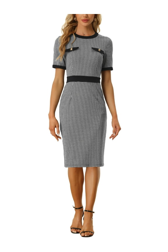 Plaid Houndstooth Dress for Women's Midi Short Sleeve Contrast Bodycon Dresses