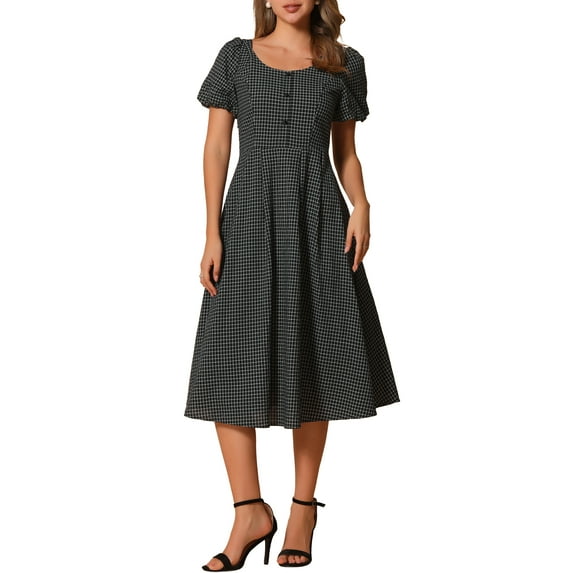 Allegra K Plaid Maxi Dress for Women's Summer Pleated Back Button Decor Puff Sleeve Dress S Black