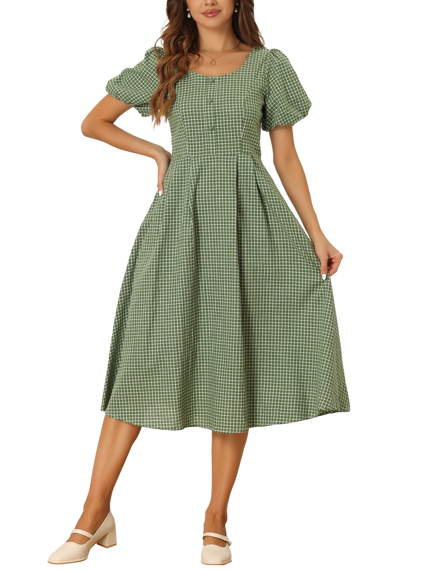 Summer Dress for Women Plaid Puff Sleeves Dress