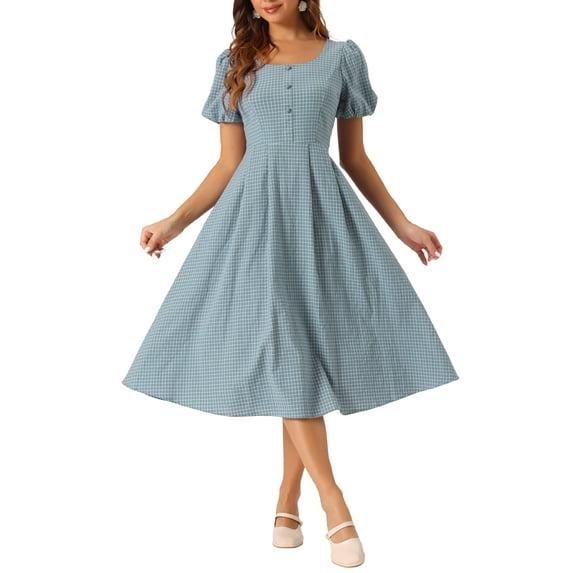 INSPIRE CHIC Plaid Maxi Dress for Women's Summer Pleated Back Button Decor Puff Sleeve Dress L Blue