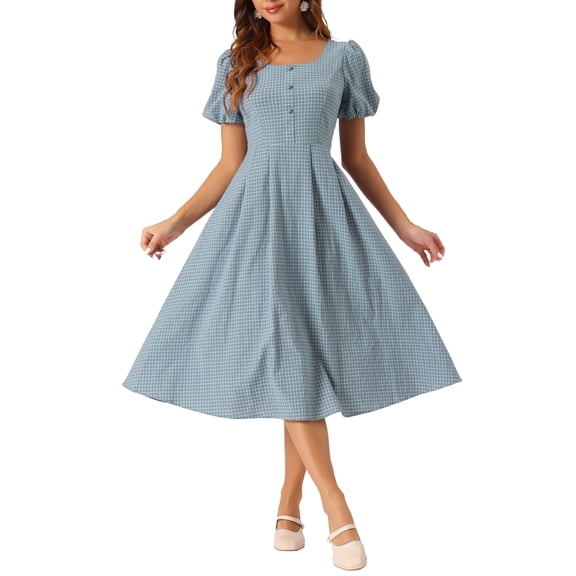 INSPIRE CHIC Plaid Maxi Dress for Women's Summer Pleated Back Button Decor Puff Sleeve Dress