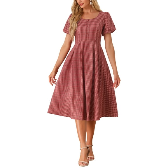 INSPIRE CHIC Plaid Maxi Dress for Women's Summer Pleated Back Button Decor Puff Sleeve Dress