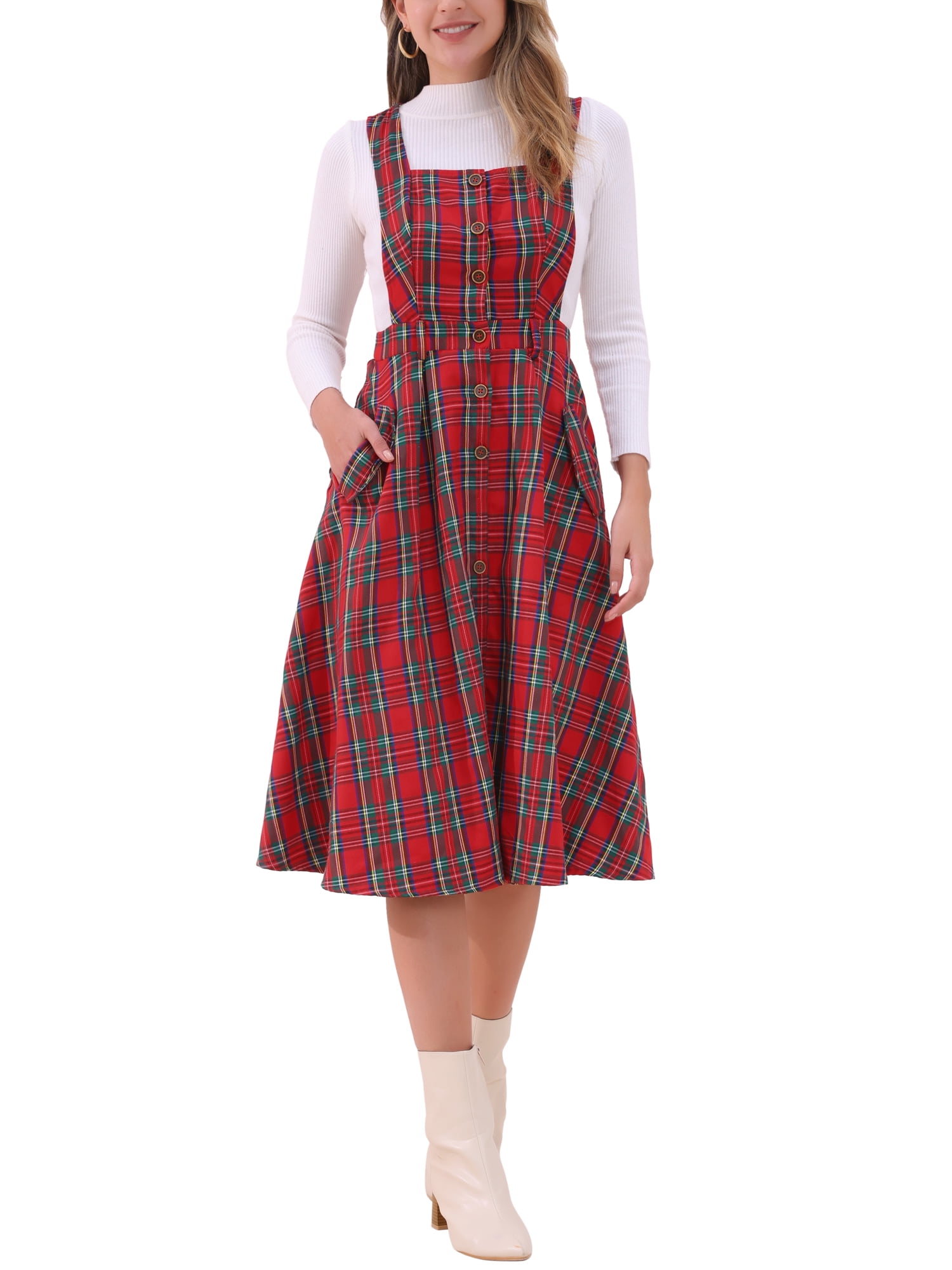 INSPIRE CHIC Plaid Overall Dress for Women's Vintage Sleeveless A