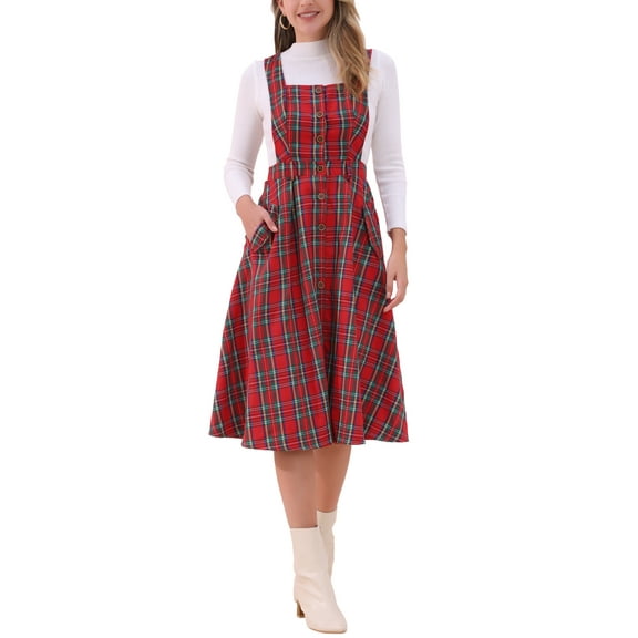 INSPIRE CHIC Plaid Overall Dress for Women's Vintage Sleeveless A-Line Pinafore Dress M Red Green