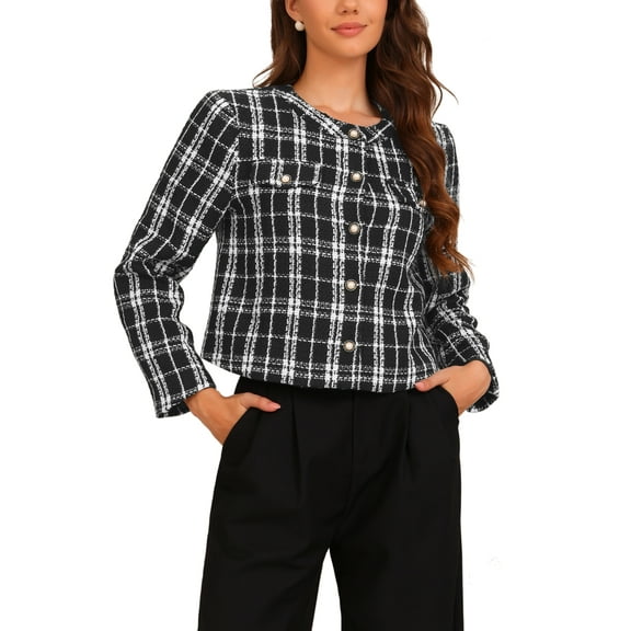 INSPIRE CHIC Plaid Tweed Blazer for Women's Crew Neck Work Office Cropped Blazer Jacket