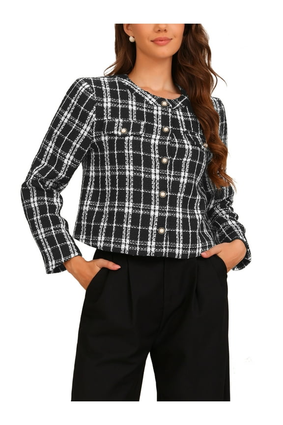 Plaid Tweed Blazer for Women's Crew Neck Work Office Cropped Blazer Jacket