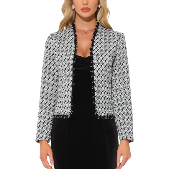 INSPIRE CHIC Plaid Tweed Blazer for Women's Long Sleeve Open Front Work Office Jacket M Black