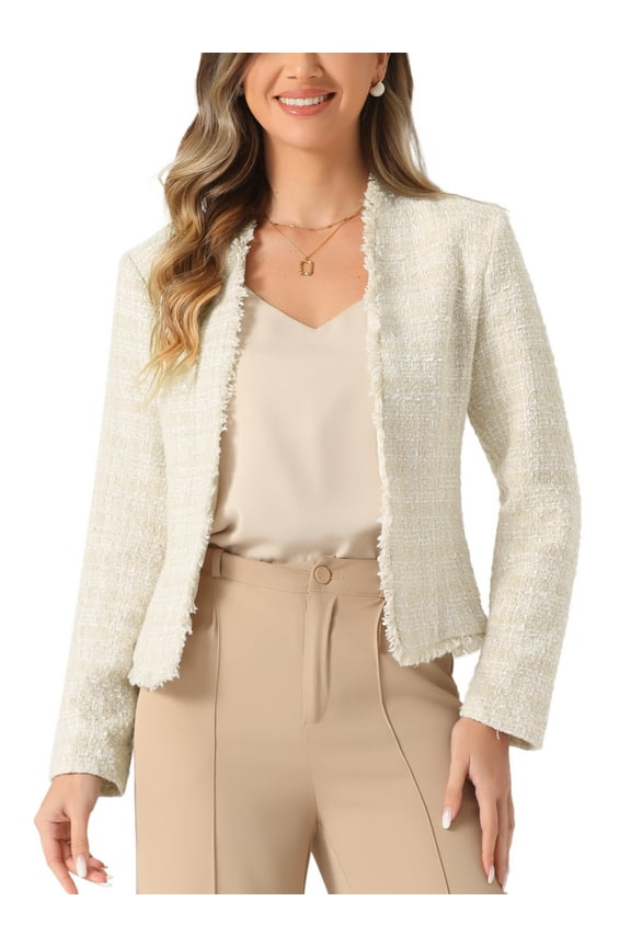 Plaid Tweed Blazer for Women's Long Sleeve Open Front Work Office Jacket S Beige
