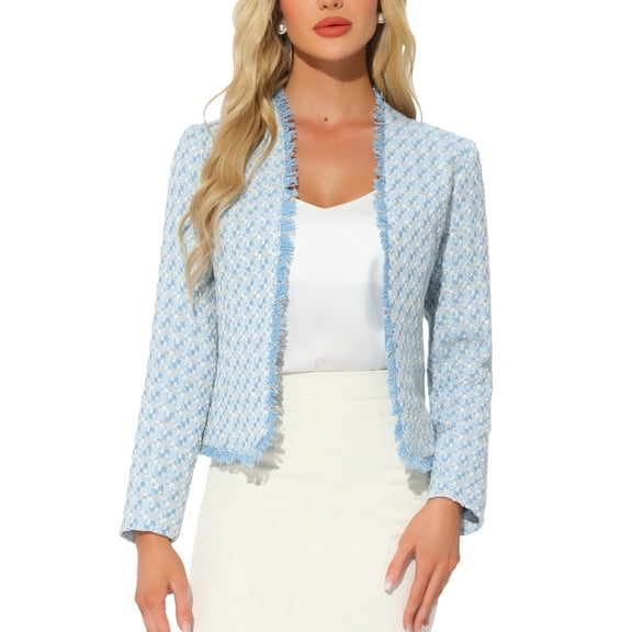 INSPIRE CHIC Plaid Tweed Blazer for Women's Long Sleeve Open Front Work Office Jacket XL Blue