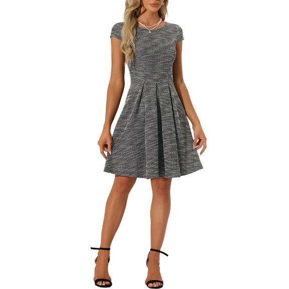 INSPIRE CHIC Plaid Tweed Dress for Women's Round Neck Cap Sleeve A-Line Vintage Pleated Dresses XS Black Pink