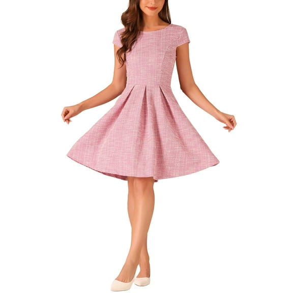 INSPIRE CHIC Plaid Tweed Dress for Women's Round Neck Cap Sleeve A-Line Vintage Pleated Dresses L White Pink