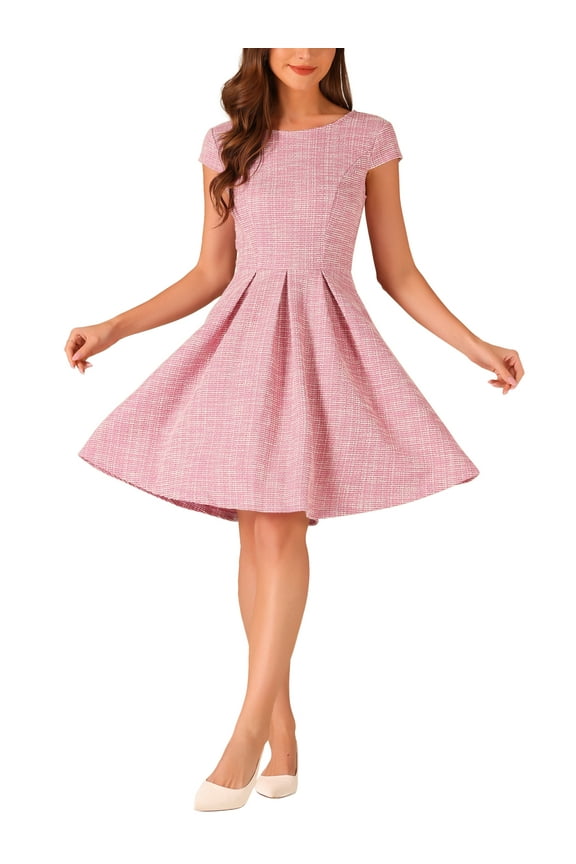 Plaid Tweed Dress for Women's Round Neck Cap Sleeve A-Line Vintage Pleated Dresses XL White Pink