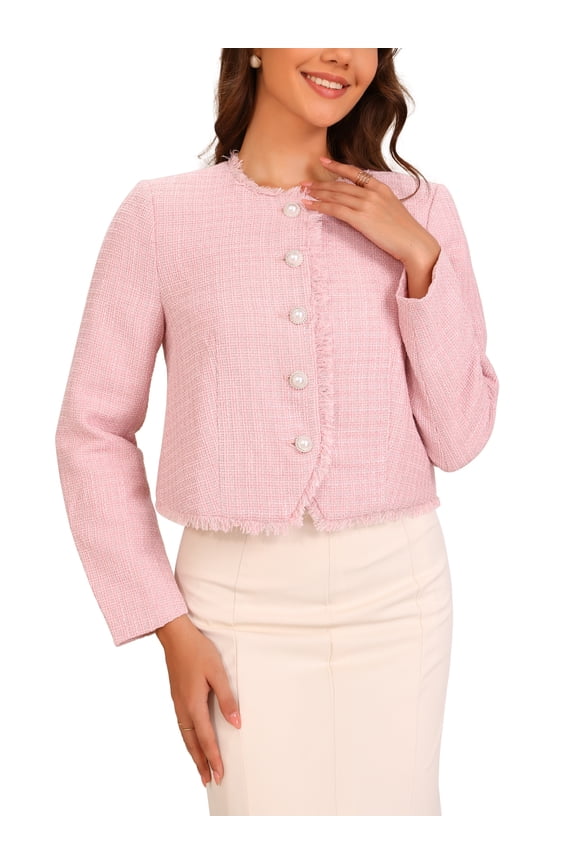 Plaid Tweed Jacket for Women's Crew Neck Button Up Elegant Work Jackets