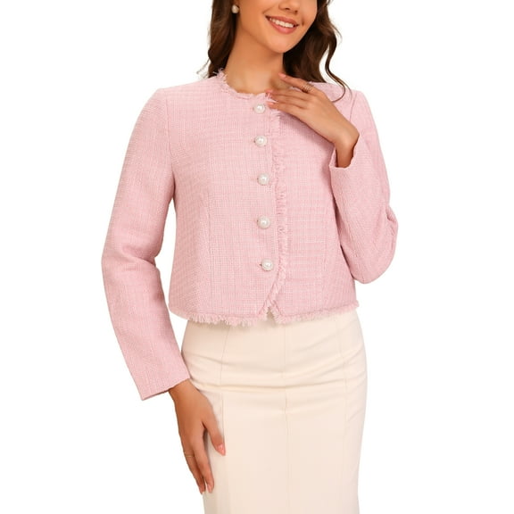 INSPIRE CHIC Plaid Tweed Jacket for Women's Crew Neck Button Up Elegant Work Jackets