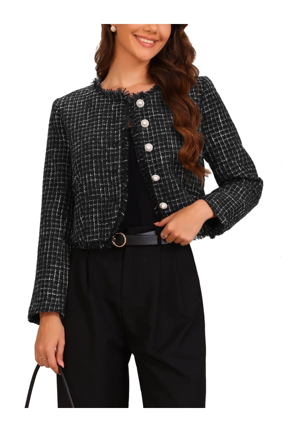 Plaid Tweed Jacket for Women's Crew Neck Button Up Elegant Work Jackets