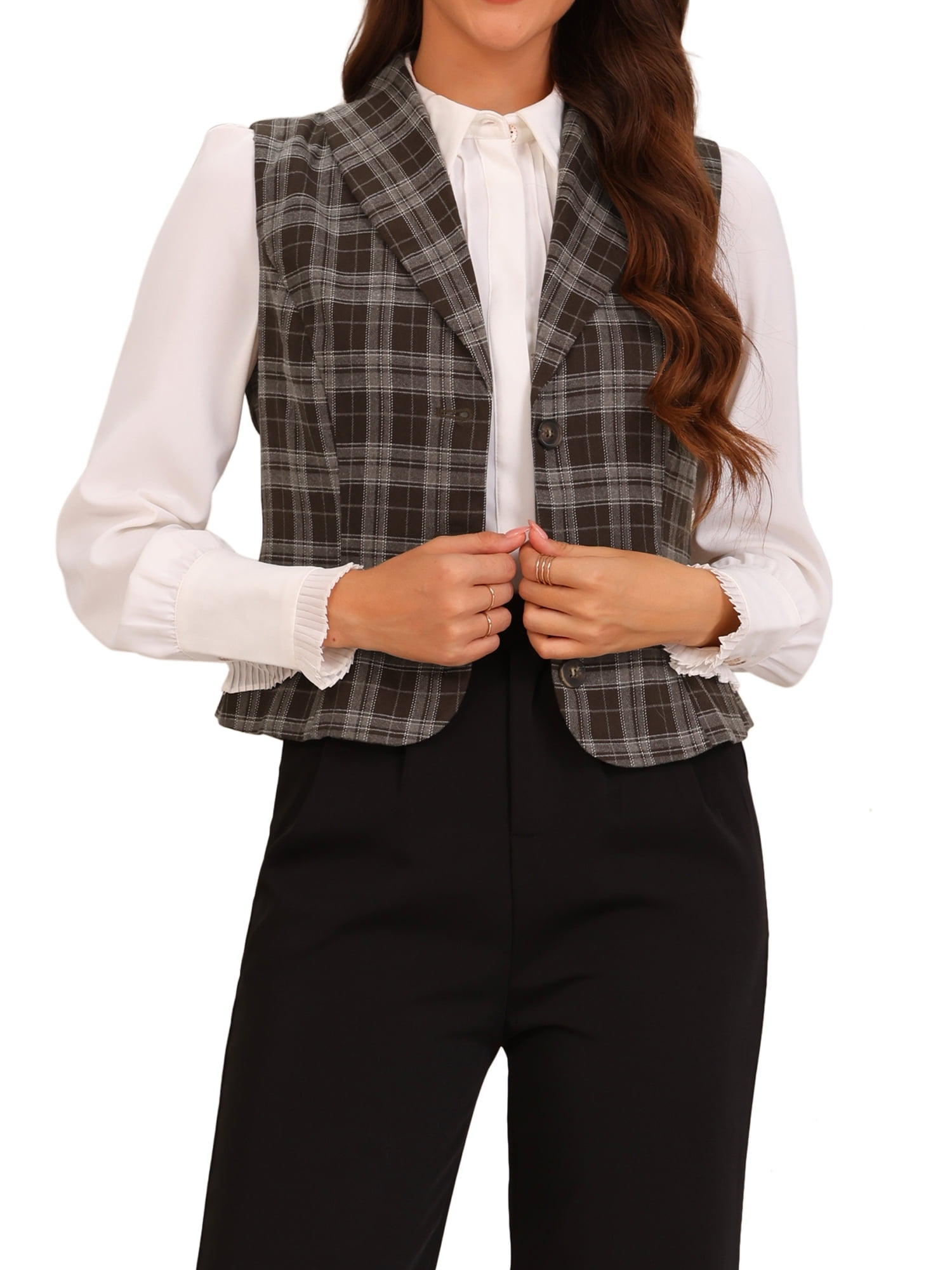 Allegra K Women's Plaid Waistcoat Notched Lapel Collar Allegra K Women's Plaid Waistcoat Notched Lapel Collar