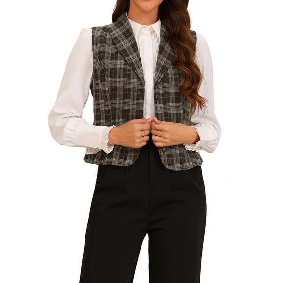INSPIRE CHIC Plaid Vest for Women's Shawl Collar Single Breasted V Neck Sleeveless Vintage Waistcoat