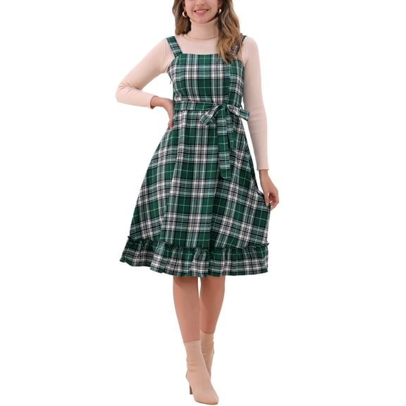 INSPIRE CHIC Plaid Vintage Dress for Women Ruffled Sleeveless Tie Waist A-Line Pinafore Overall Dresses M Green