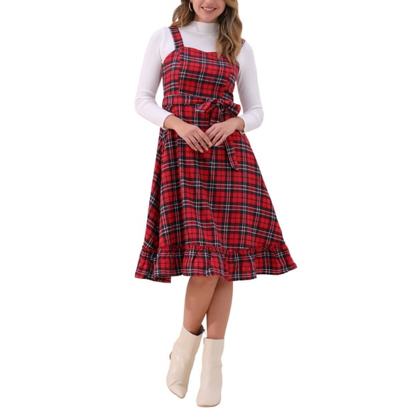 INSPIRE CHIC Plaid Vintage Dress for Women Ruffled Sleeveless Tie Waist A-Line Pinafore Overall Dresses M Red