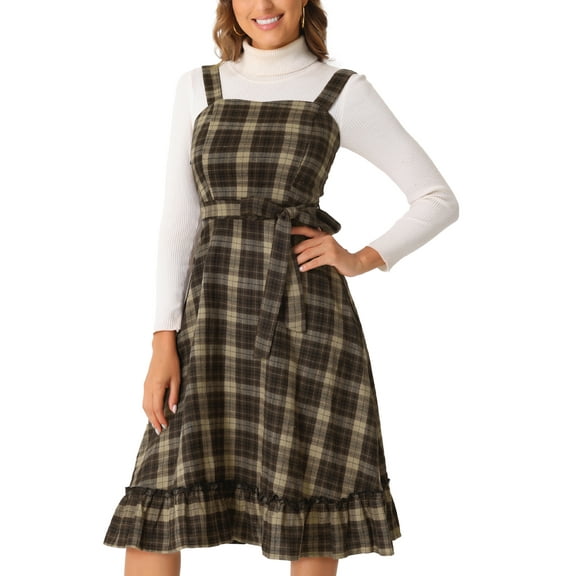 INSPIRE CHIC Plaid Vintage Dress for Women Ruffled Sleeveless Tie Waist A-Line Pinafore Overall Dresses XS Khaki Brown