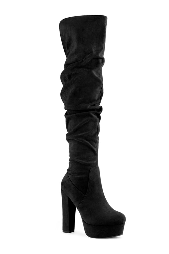 Platform Round Toe Zipper Slouch Chunky Heel Over the Knee Boots Black 9