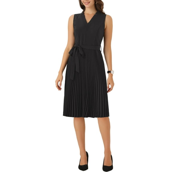 INSPIRE CHIC Pleated Dress for Women's Sleeveless V Neck Tie Waist A-line Midi Dresses S Black