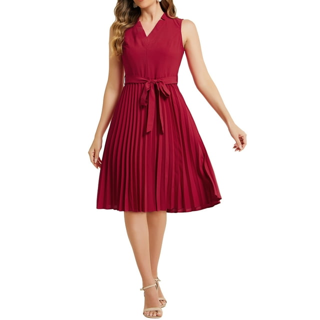 Allegra K Pleated Dress for Women's Sleeveless V Neck Tie Waist A-line ...